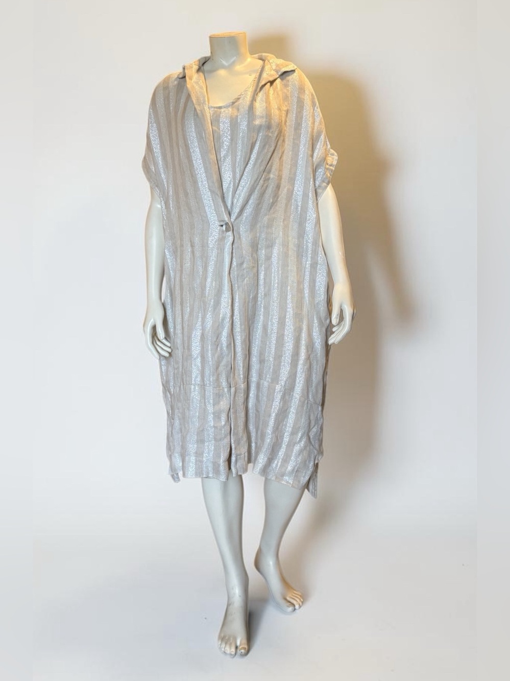 Blitz Made in Italy 100% Linen Metallic Stripe Oversized Dress Cream Beige OS